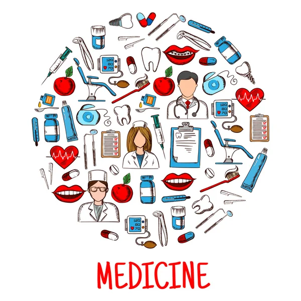 Iconos de equipos de medicina en forma redonda — Vector de stock