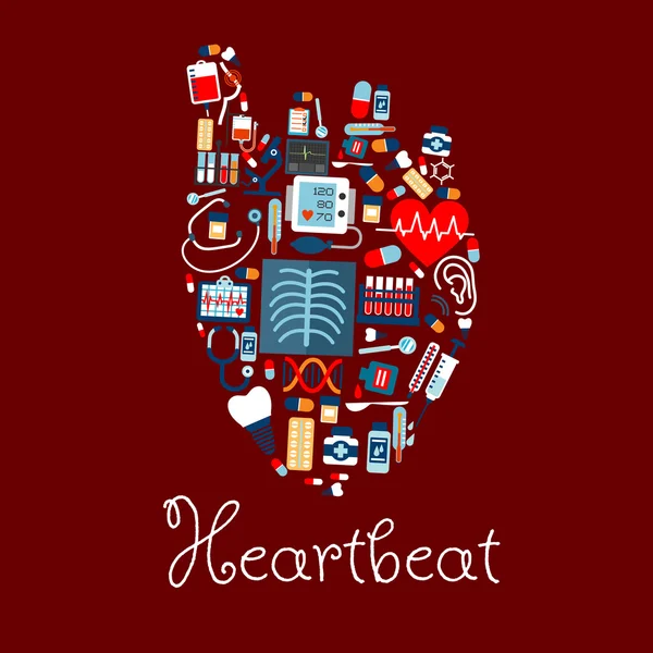 Corazón humano hecho de iconos de equipos médicos — Vector de stock