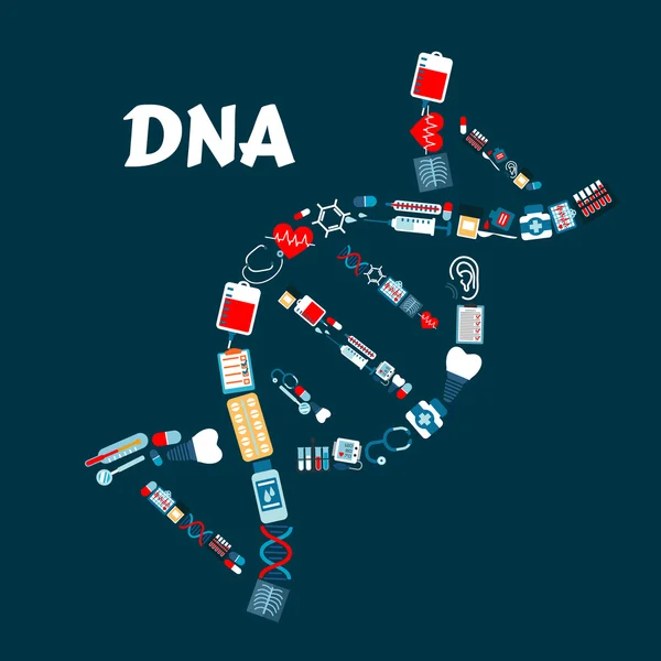 DNA formado por ícones de cuidados de saúde ou medicamentos —  Vetores de Stock