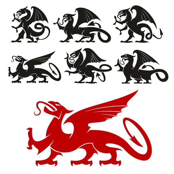 Grifo heráldico y siluetas míticas del dragón — Archivo Imágenes Vectoriales