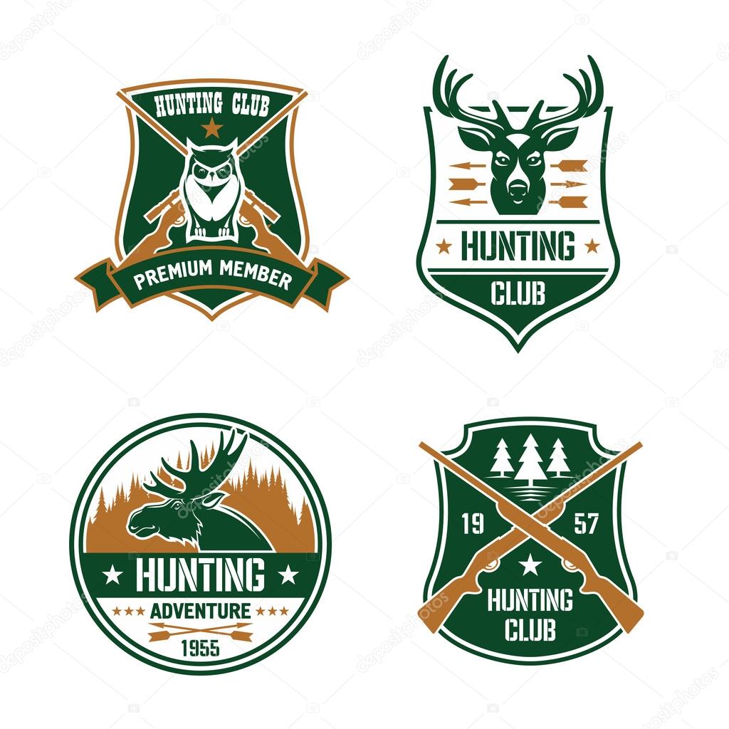 Hunting club shields set. Vector hunt sports emblems. Label elements with animals, birds, rifles, arrows, forest, mountains, owl, deer, elk. Hunter premium membership design for badge, t-shirt outfit