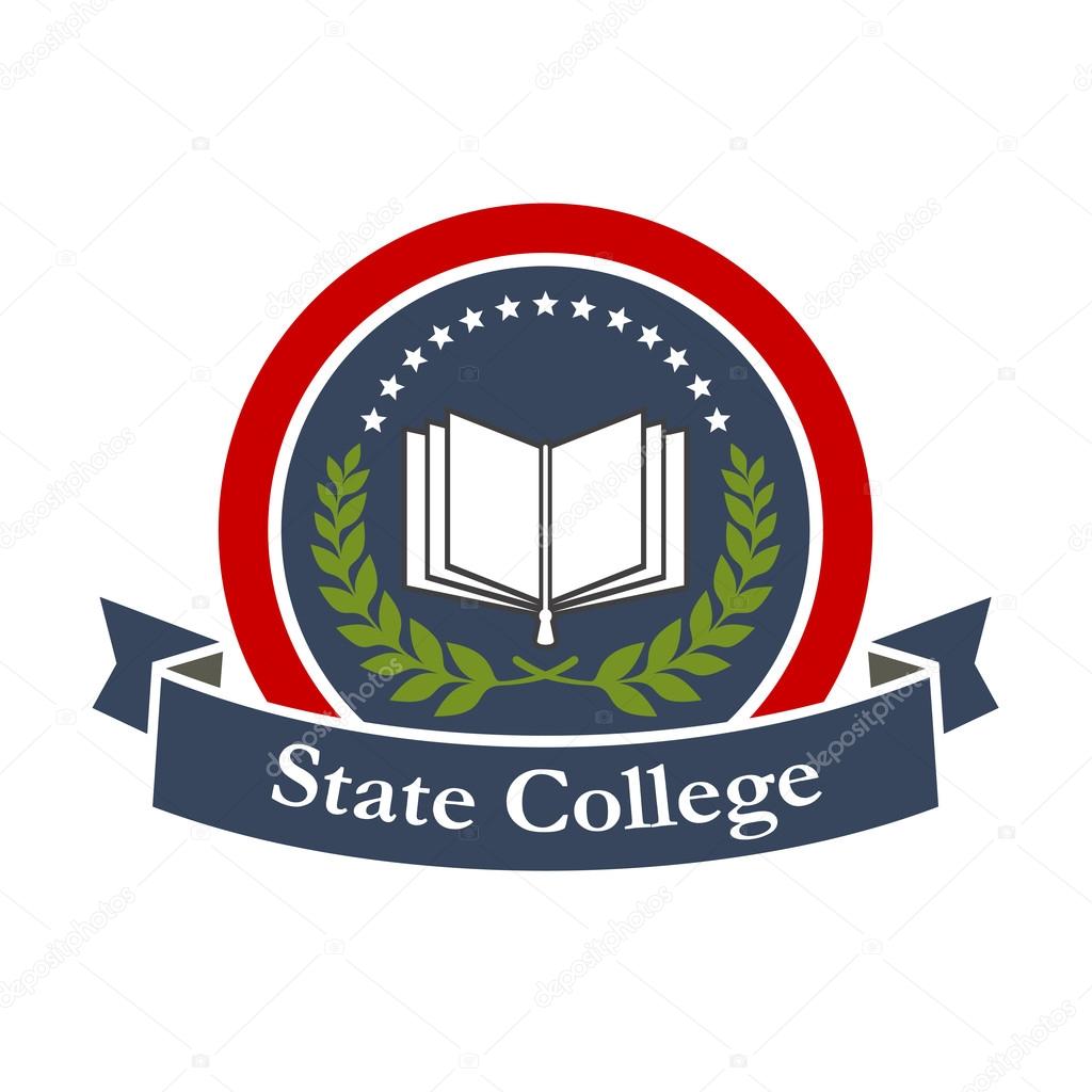 State college emblem design with book, stars, blue ribbon and leaf branch. Vector insignia label for university, college, high school. Education and study graphic icon illustration.