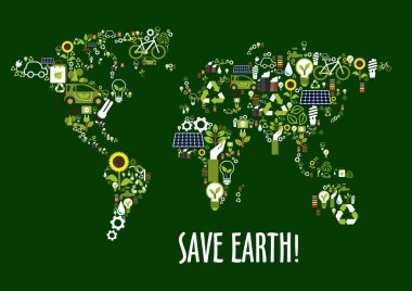 World map icon composed of ecology symbols