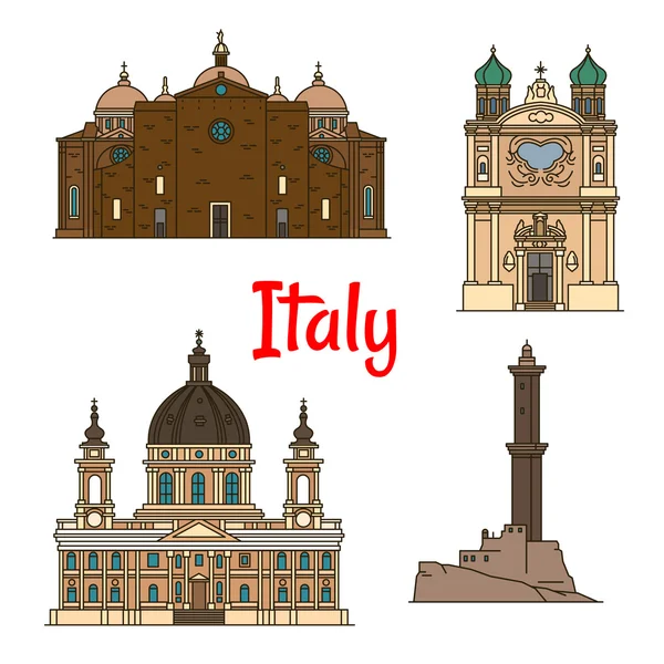 Lugares de interés de Italia, iconos de línea delgada — Vector de stock