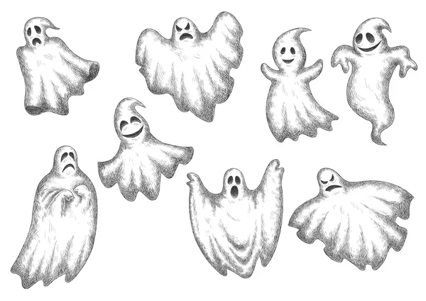 Halloween divertido conjunto de fantasmas de dibujos animados — Vector de stock