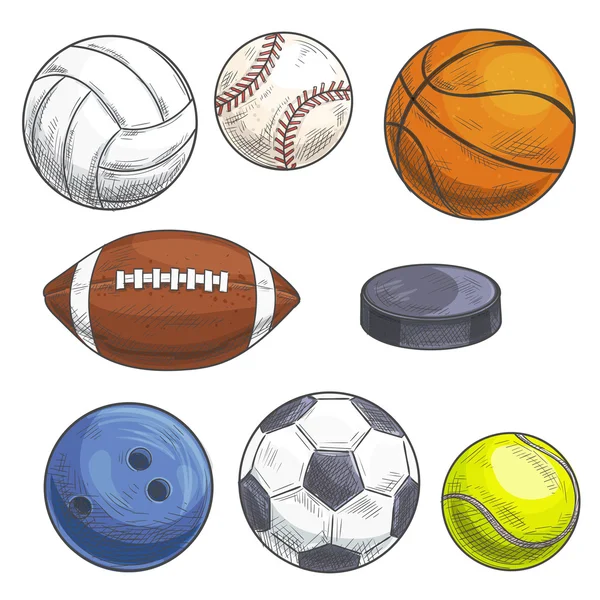 Sport balls set. Hand drawn color pencil sketch icons. — Stock Vector