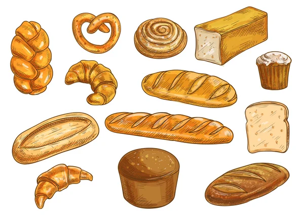 Brotsorten und Backwaren skizzierten Objekte — Stockvektor