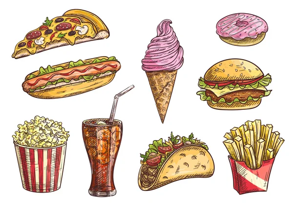 Fastfood sketch geïsoleerde pictogrammen — Stockvector