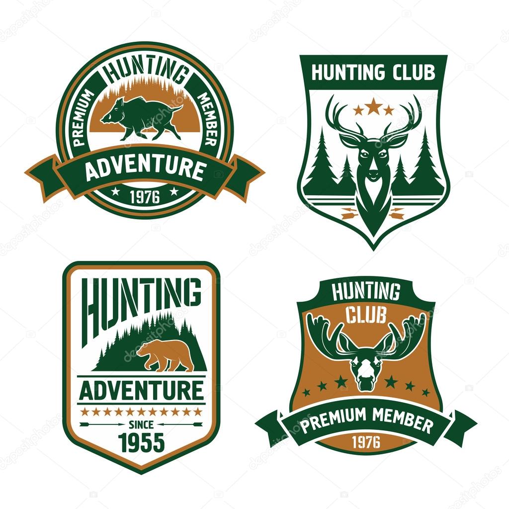 Hunting club shields set. Vector hunt sports emblems with animals, boar, deer, elk, bear, antlers, arrows, forest. Hunter premium member shield for badge, t-shirt outfit