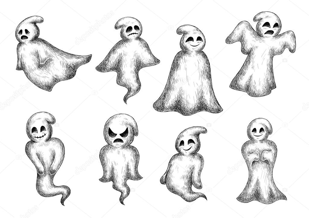 Halloween funny cartoon ghosts and spooks. Cute scary artistic bogey with face expressions. Vector icons set