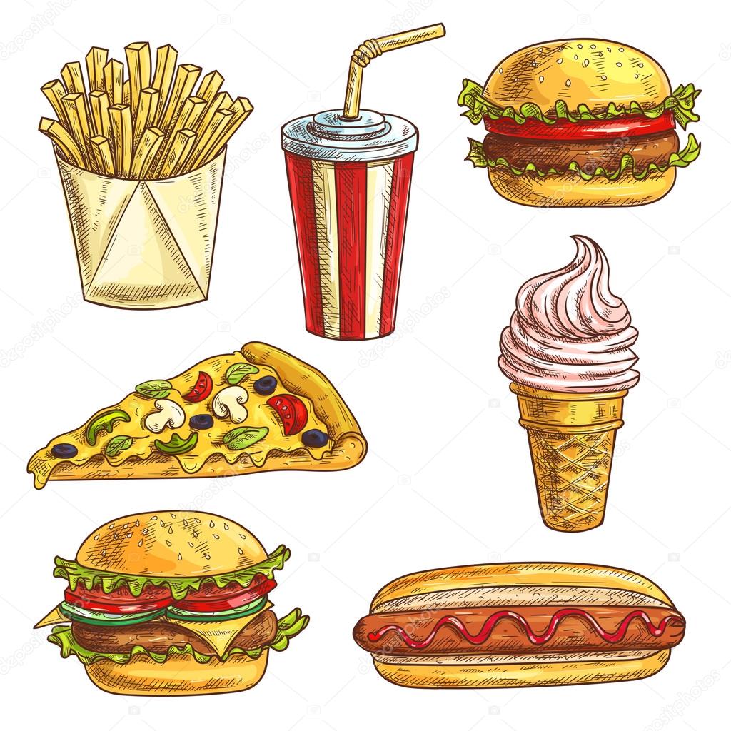 Fast food sketch icons set. Isolated elements of burger, hamburger, cheeseburger, soda drink in cup, ice cream cone, pizza slice, hot dog, french fries in box