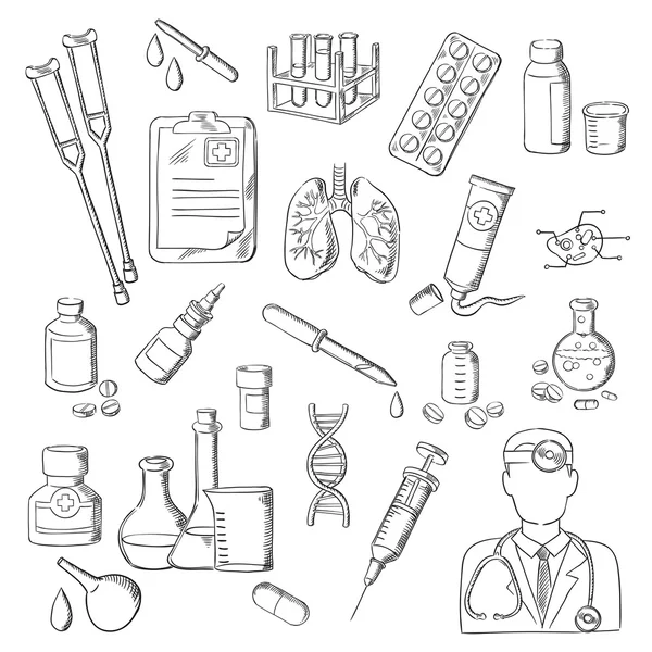 Médicaments, matériel médical de laboratoire croquis — Image vectorielle