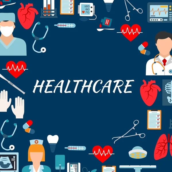 Egészségügyi szolgáltatások és kórházi lapos ikonok — Stock Vector
