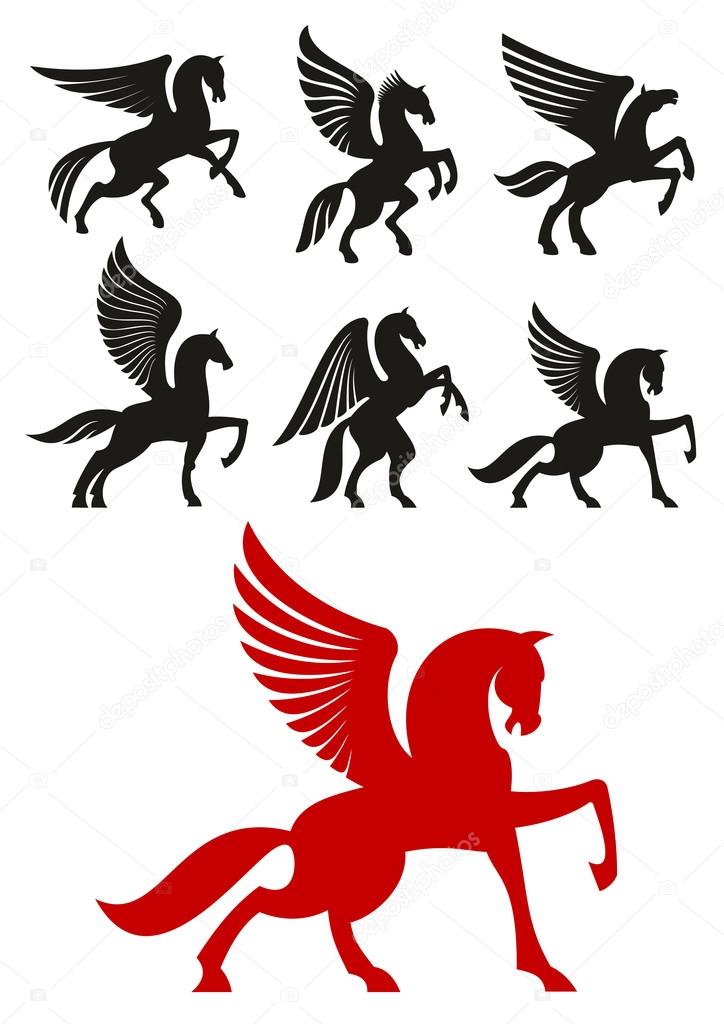 Pegasus horses silhouettes of prancing and rearing up winged horses with raised and folded wings. Heraldic theme or t-shirt print design