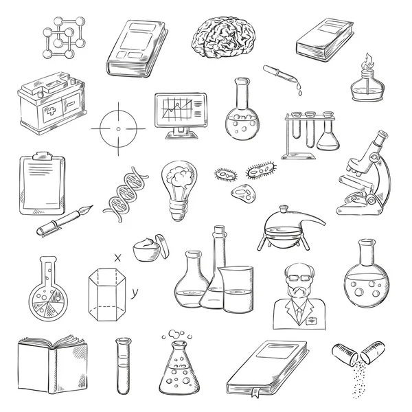 Científico con iconos de bocetos de investigación de laboratorio — Vector de stock