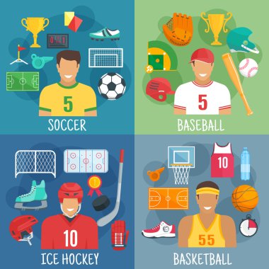 Futbol, beyzbol, hokey ve basketbol sembolleri