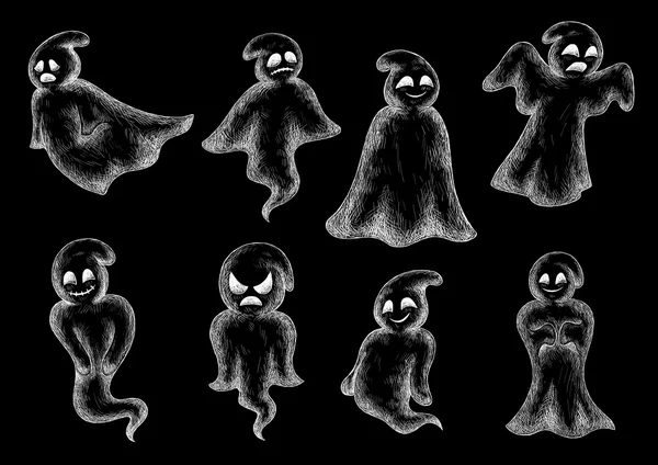Halloween divertidos fantasmas tiza iconos de dibujos animados — Vector de stock