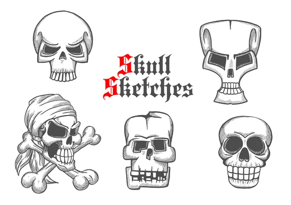 Skelet schedels schets iconen set — Stockvector