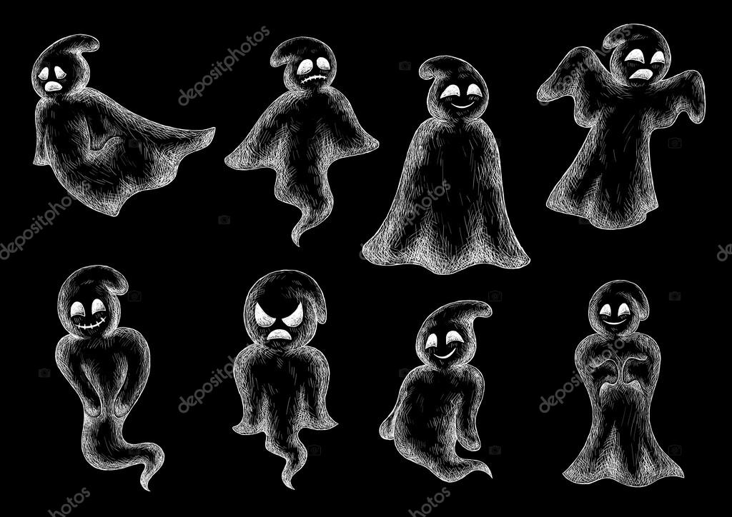Halloween funny ghosts chalk icons. Cute cartoon spooks on blackboard. Artistic chalked bogey characters