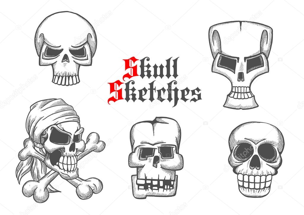 Skeleton skulls pencil sketch icons. Abstract shapes of cranium and crossbones for halloween cartoon, label, tattoo, t-shirt, placard, decoration, poster
