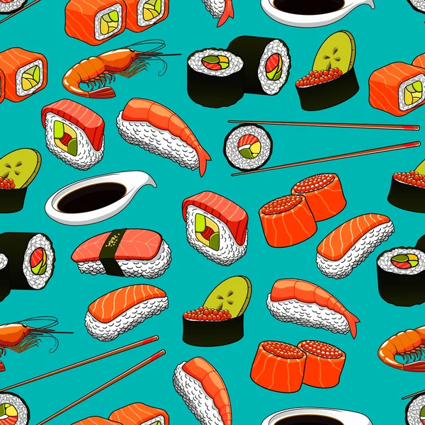 Sushi und Rollen nahtlose Muster Hintergrund. — Stockvektor