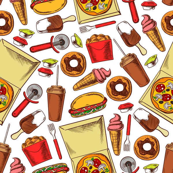 Fast Food, Getränke, Desserts. nahtloser Hintergrund — Stockvektor