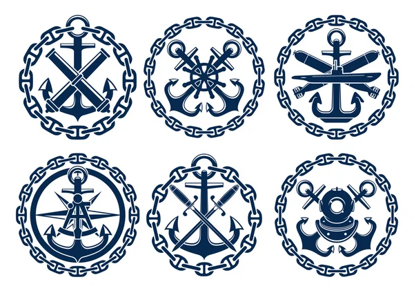 Marine- og nautiske emblemer, ikoner – stockvektor