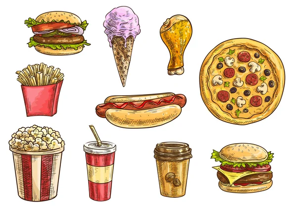 Snabbmat snacks och drinkar ikoner skiss set — Stock vektor