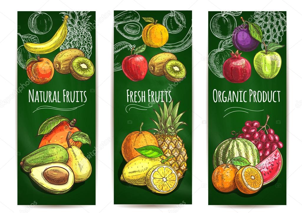 Organic fresh juicy fruits background. Vector sketch pear, orange, avocado, apple, peach, banana, kiwi, lemon, mango, pineapple, watermelon pomegranate grape plum for store banner juice drink package