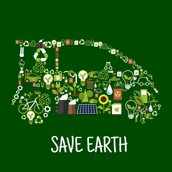 Eco auto silhouet met groene energie platte pictogrammen — Stockvector