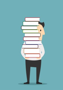 Adam uzun bir kitap yığını taşıyor.