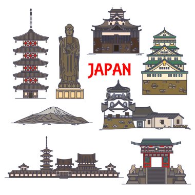 Japonya'nın seyahat simgeleri renkli ince çizgi simgesi