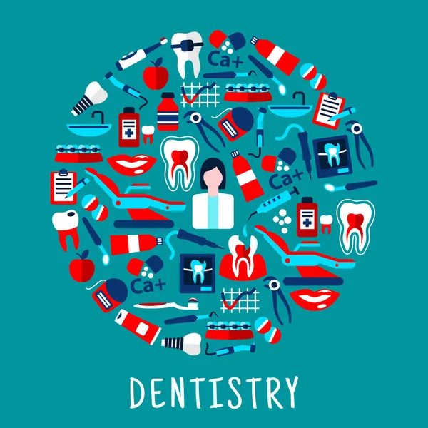 Dentysta z ikonami stomatologii okrągły symbol — Wektor stockowy