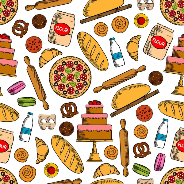 Produits de boulangerie avec des ingrédients motif sans couture — Image vectorielle