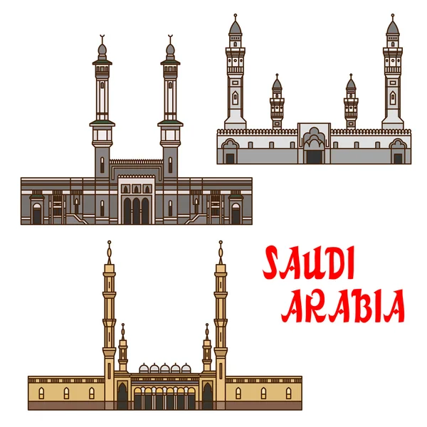 Monumentos turísticos del icono de Arabia Saudita con mezquitas — Vector de stock