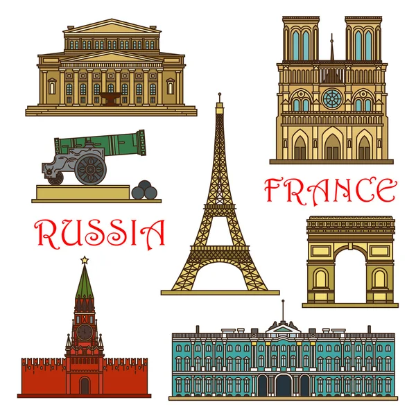 Travel landmarks of France, Russia thin line icon — Stock Vector