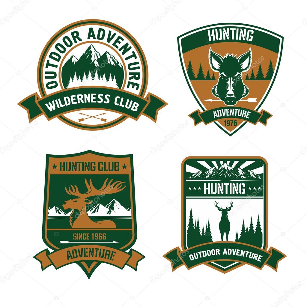 Hunting club emblems set. Wild animal deer, elk, boar, antlers, head, arrow silhouette vector icons. Hunt adventure icon with mountains, forest, wildlife for badge, t-shirt, outfit