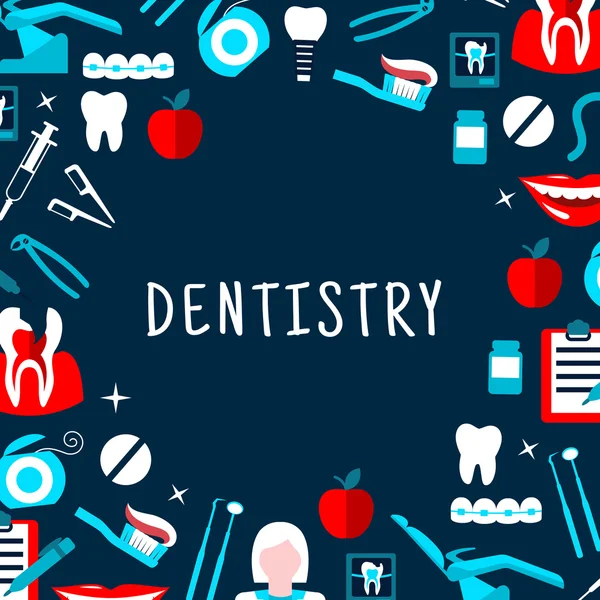 Bannière vectorielle en dentisterie avec icônes et symboles — Image vectorielle