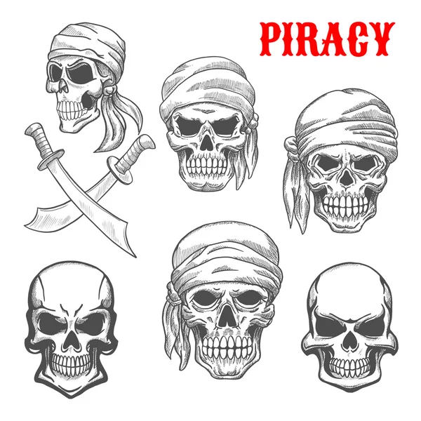 Calaveras piratas e iconos del boceto de los huesos cruzados — Vector de stock