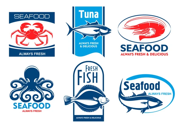 Морепродукты ресторан и иконы продуктов — стоковый вектор