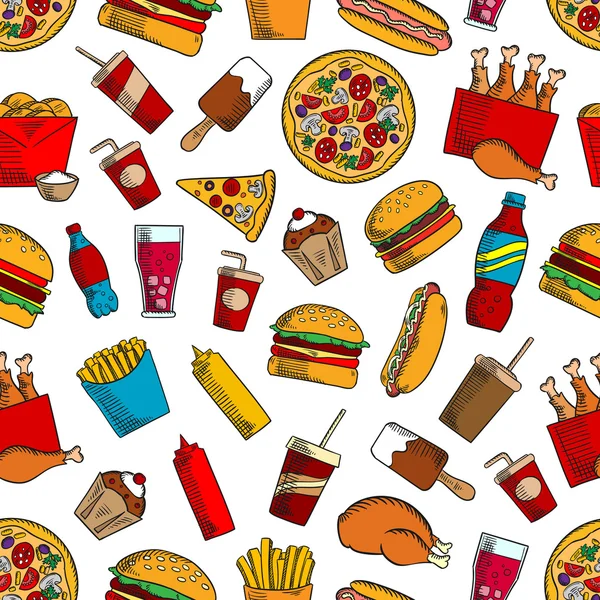 Snacks de comida rápida, bebidas sin costuras de fondo — Archivo Imágenes Vectoriales