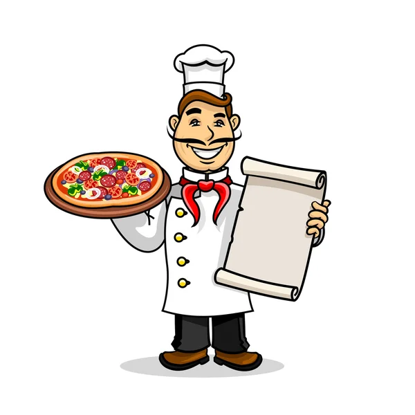 Pizzeria-ikonen. Kocken wih menyn kort och pizza — Stock vektor