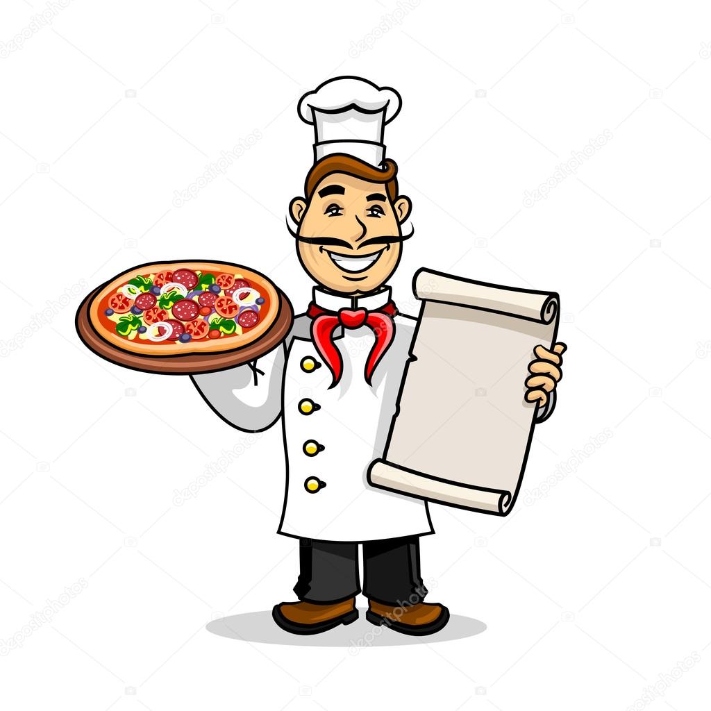 Pizzeria icon. Italian Chef in uniform and cooking cap holding menu card template and pizza. Vector emblem for restaurant signboard, menu, decoration