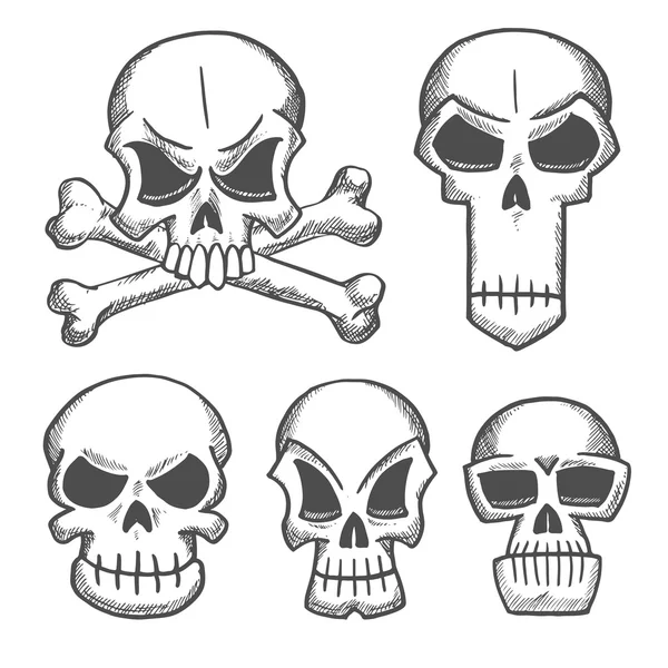 Calaveras y cráneos con iconos de huesos cruzados — Vector de stock