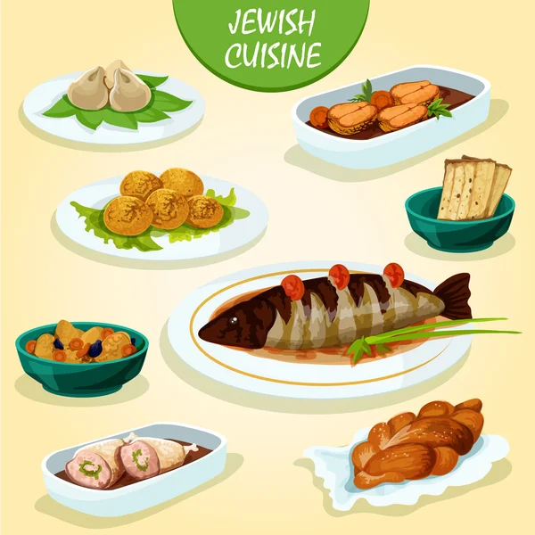 Ícone de cozinha judaica com menu de jantar festivo — Vetor de Stock