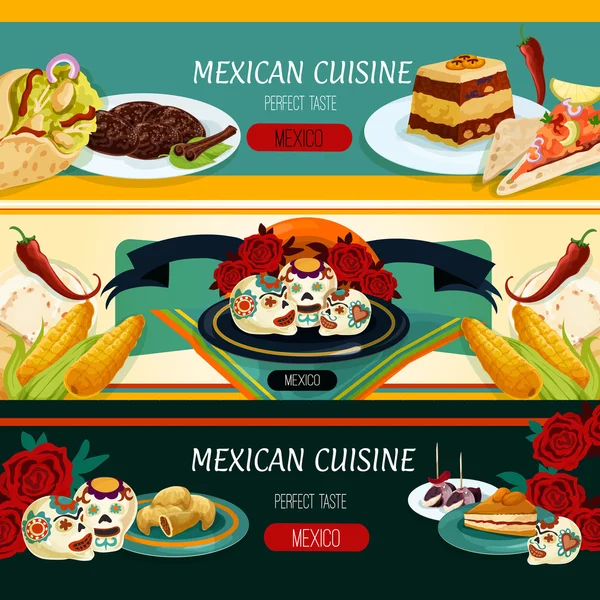 Bandeiras de menu de cozinha mexicana com comida autêntica —  Vetores de Stock
