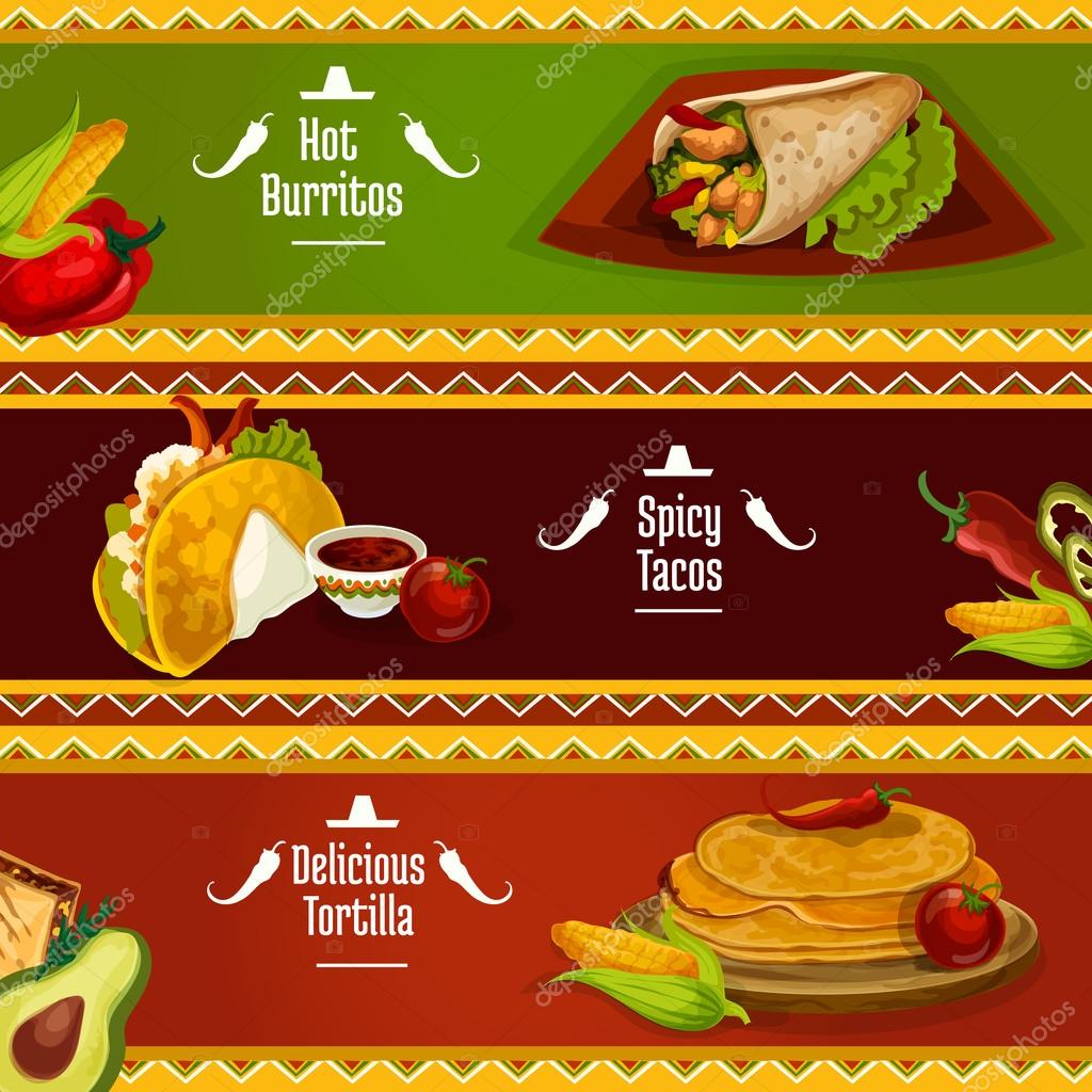 Mexican cuisine taco, burrito and tortilla banners Stock Illustration