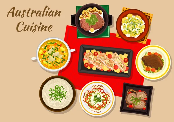 Cocina australiana platos para la cena festiva icono — Vector de stock