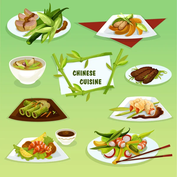 Εικονίδιο κινέζικης κουζίνας με θαλασσινά και πιάτα με κρέας — Διανυσματικό Αρχείο