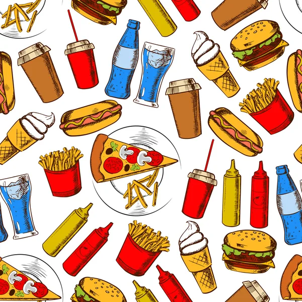 Cena de comida rápida con bebidas patrón sin costuras — Archivo Imágenes Vectoriales